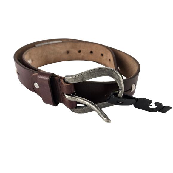 Brown Leather Stitching Detail Womens Small Belt Outdoor Safari Silver Hardware - Picture 2 of 4